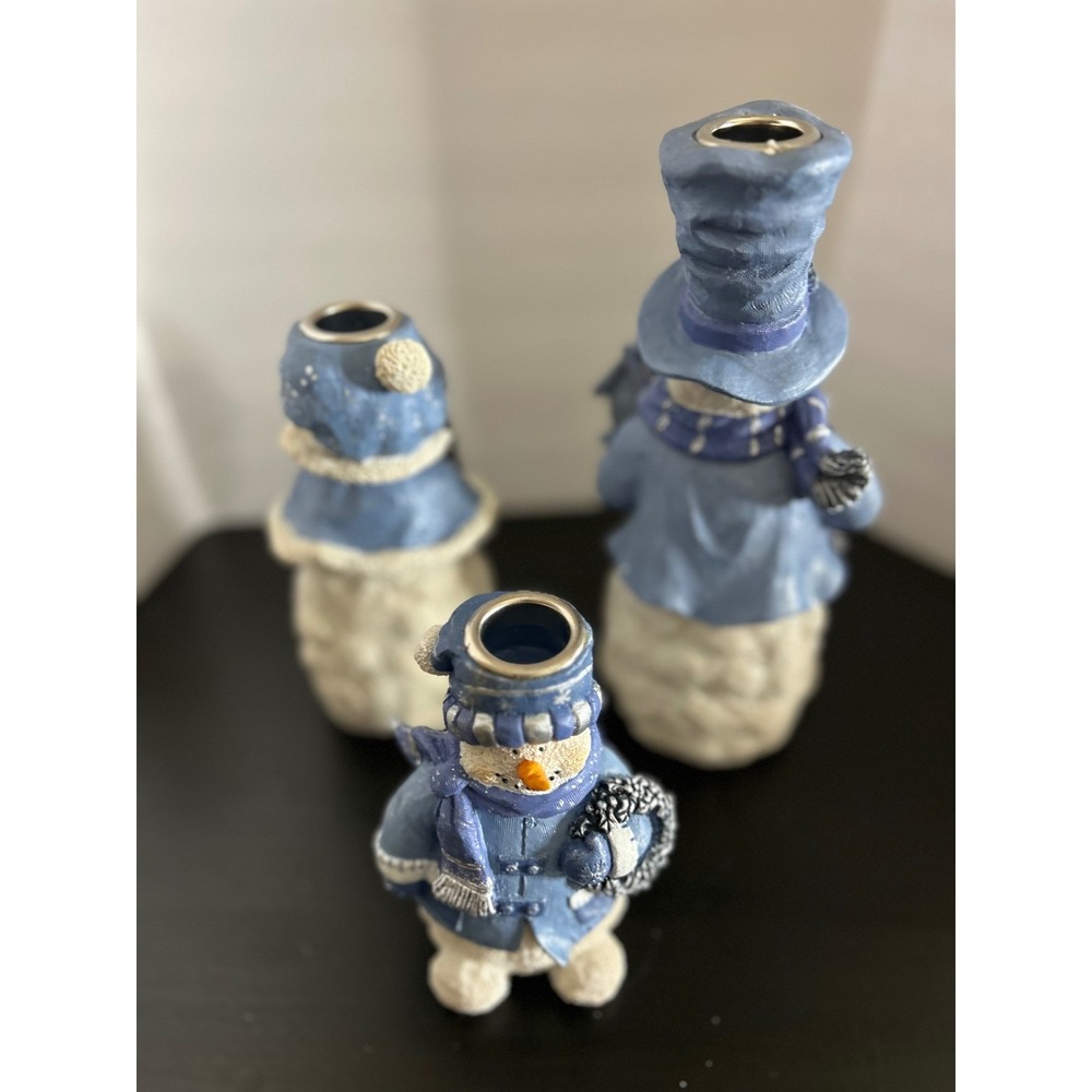 Candle Holder Set Christmas Blue Snowman Resin Taper Trio Collectible Decor New - Picture 7 of 7